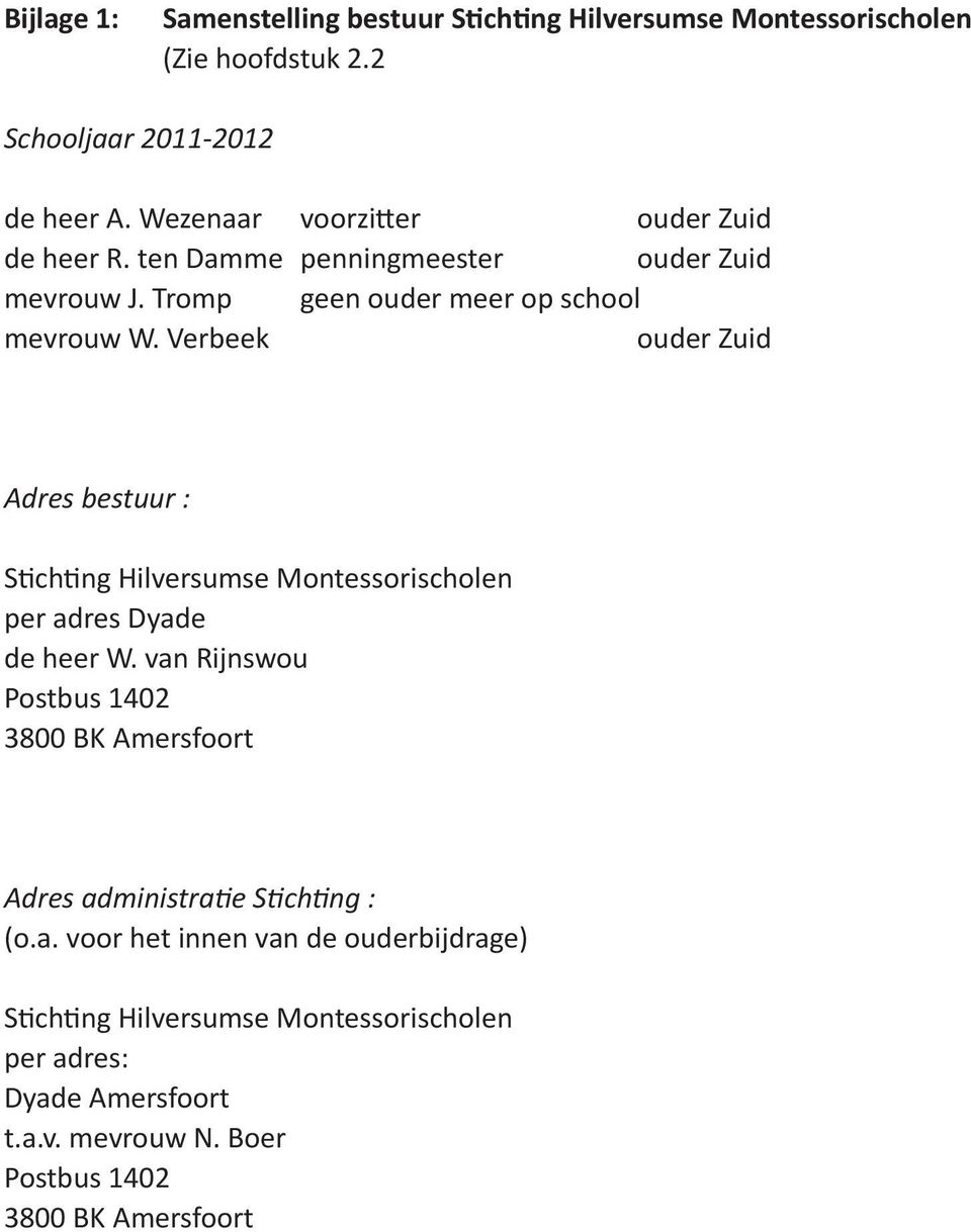 Verbeek ouder Zuid Adres bestuur : Stichting Hilversumse Montessorischolen per adres Dyade de heer W.