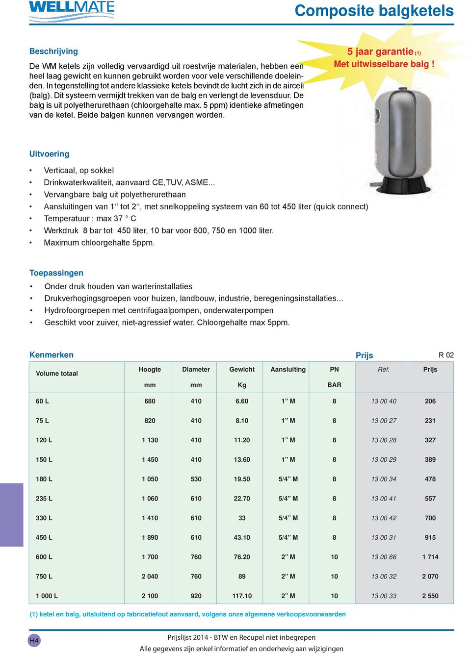 De balg is uit polyetherurethaan (chloorgehalte max. 5 ppm) identieke afmetingen van de ketel. Beide balgen kunnen vervangen worden. 5 jaar garantie (1) Met uitwisselbare balg!