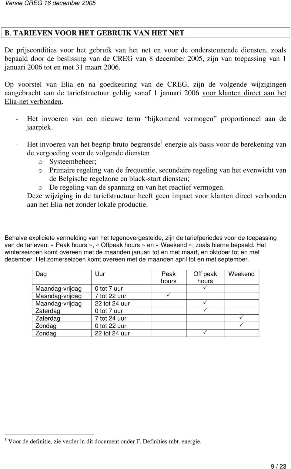 Op voorstel van Elia en na goedkeuring van de CREG, zijn de volgende wijzigingen aangebracht aan de tariefstructuur geldig vanaf 1 januari 2006 voor klanten direct aan het Elia-net verbonden.