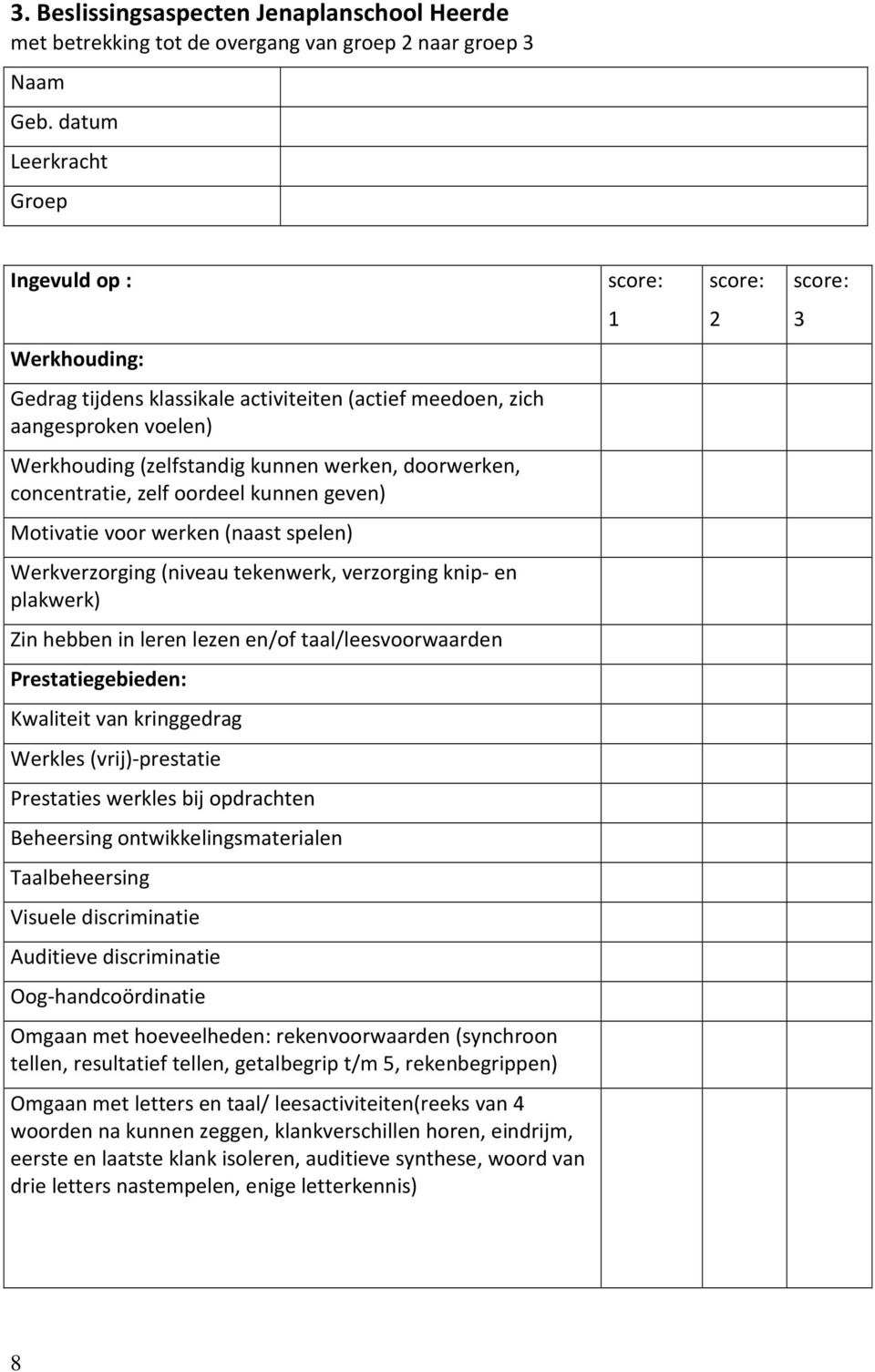 doorwerken, concentratie, zelf oordeel kunnen geven) Motivatie voor werken (naast spelen) Werkverzorging (niveau tekenwerk, verzorging knip- en plakwerk) Zin hebben in leren lezen en/of