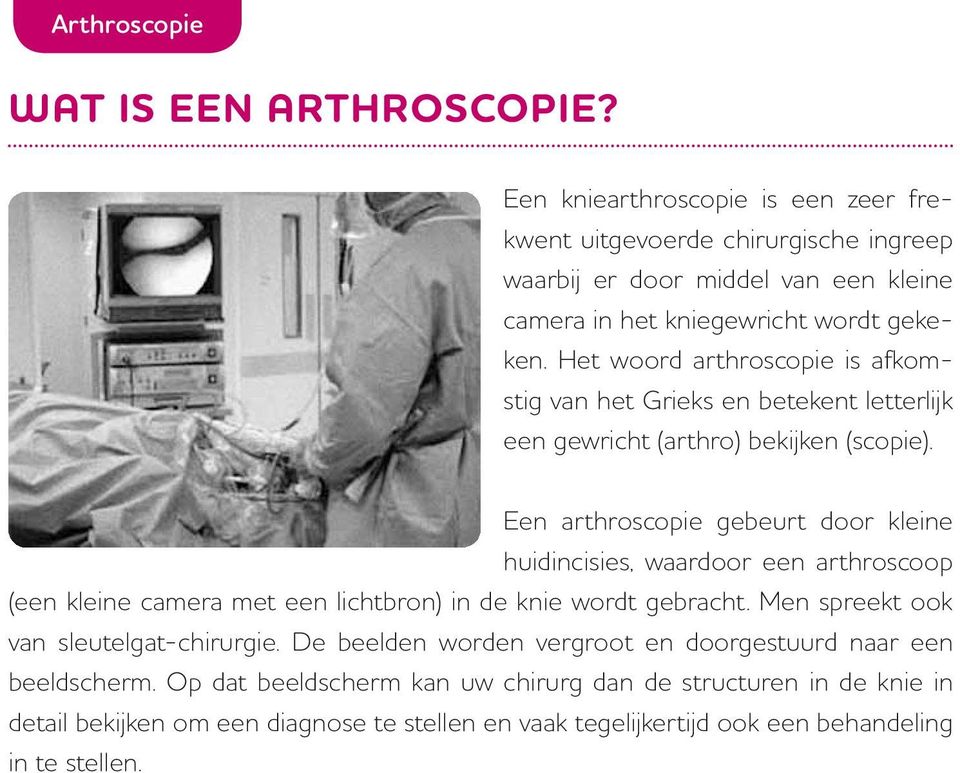 Het woord arthroscopie is afkomstig van het Grieks en betekent letterlijk een gewricht (arthro) bekijken (scopie).