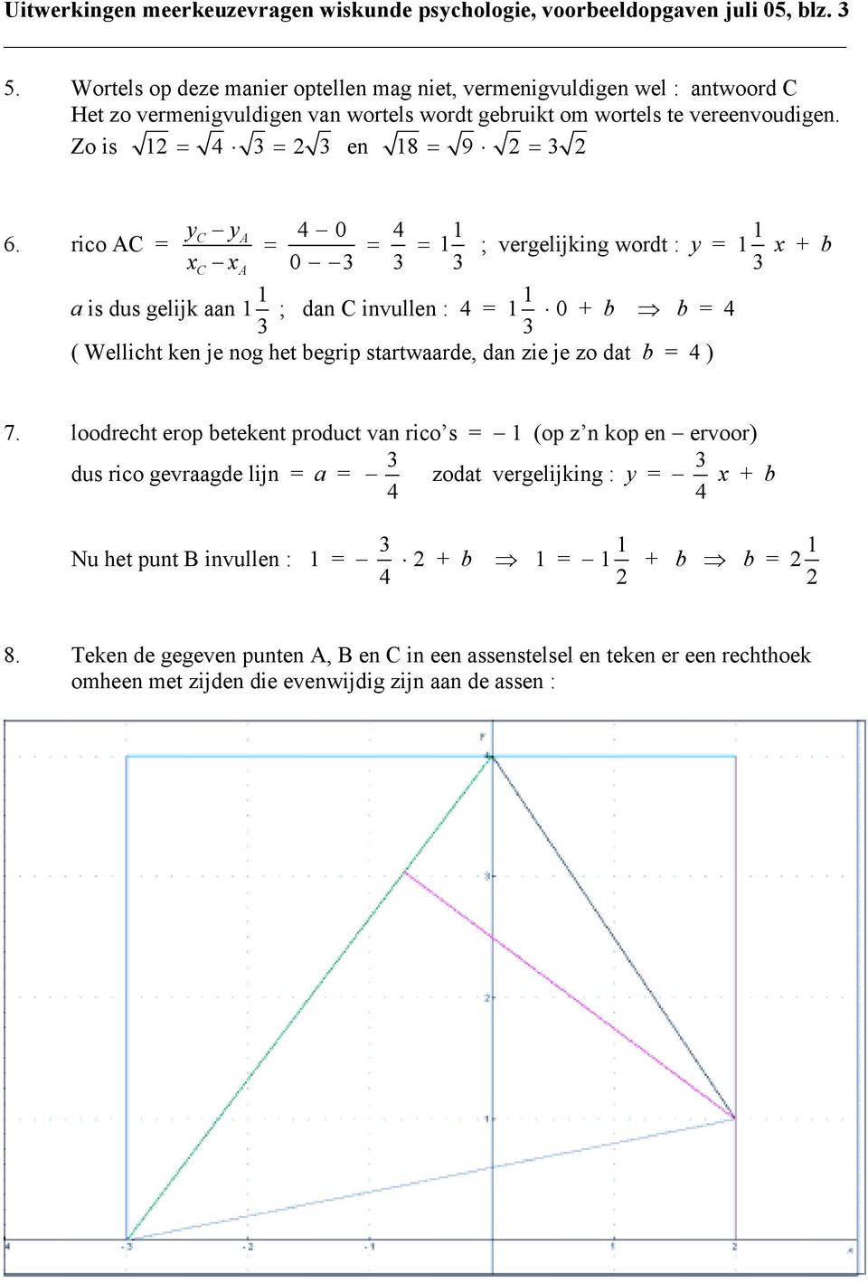 rico AC = y x C C y x A A 4 0 4 = = = 0 3 3 3 ; vergelijking wordt : y = 3 x + b a is dus gelijk aan 3 ; dan C invullen : 4 = 3 0 + b b = 4 ( Wellicht ken je nog het begrip startwaarde, dan zie je zo