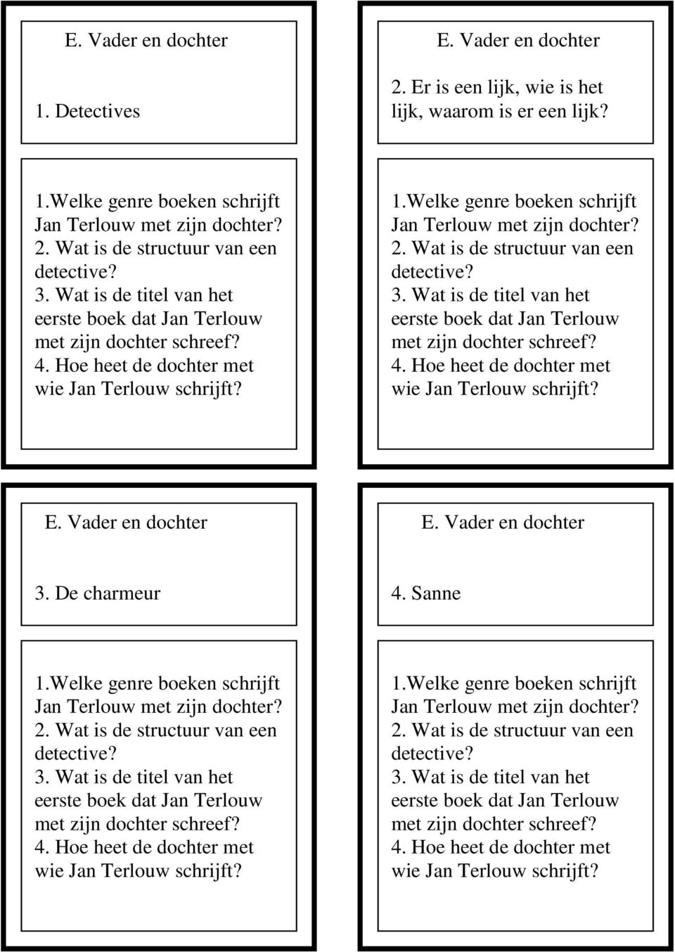 Wat is de structuur van een detective? 3. Wat is de titel van het eerste boek dat Jan Terlouw met zijn dochter schreef? 4. Hoe heet de dochter met wie Jan Terlouw schrijft? E. Vader en dochter E.