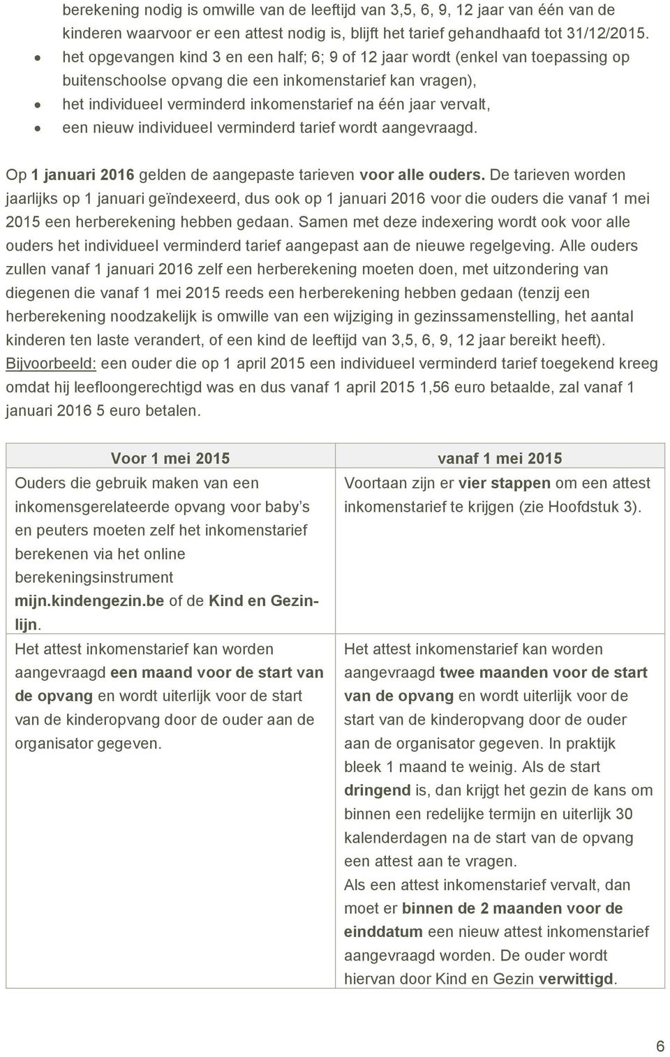 vervalt, een nieuw individueel verminderd tarief wordt aangevraagd. Op 1 januari 2016 gelden de aangepaste tarieven voor alle ouders.