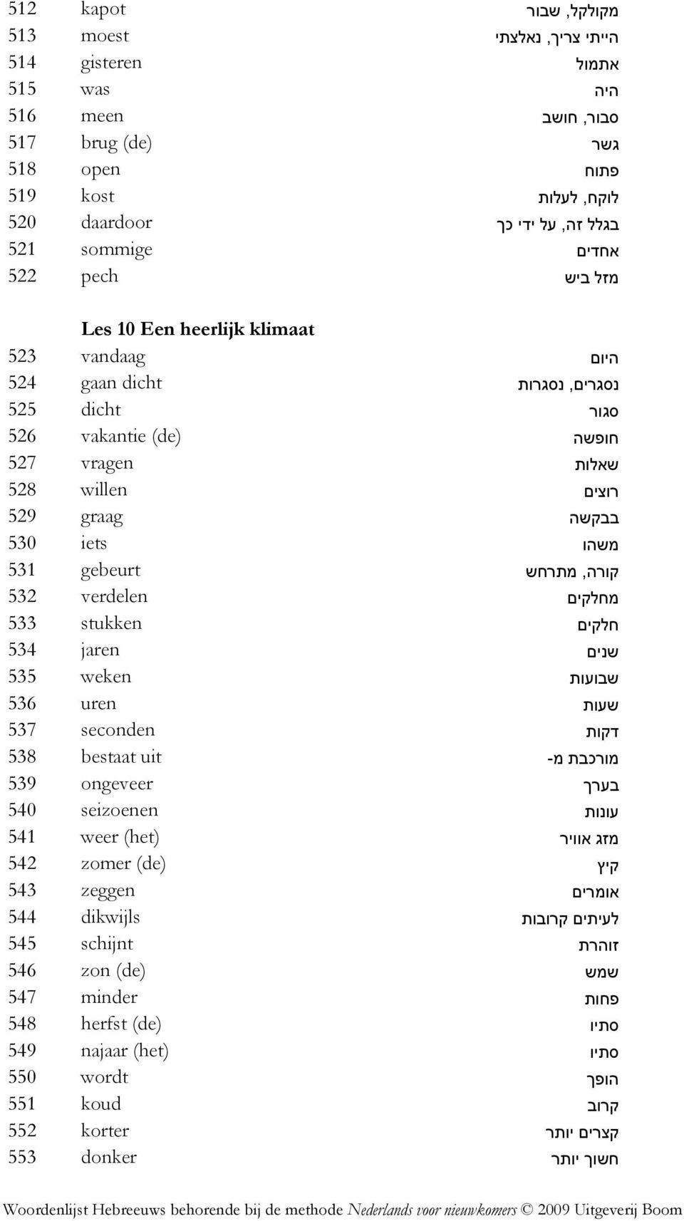 משהו 531 gebeurt קורה, מתרחש 532 verdelen מחלקים 533 stukken חלקים 534 jaren שנים 535 weken שבועות 536 uren שעות 537 seconden דקות 538 bestaat uit מורכבת מ- 539 ongeveer בערך 540 seizoenen עונות 541