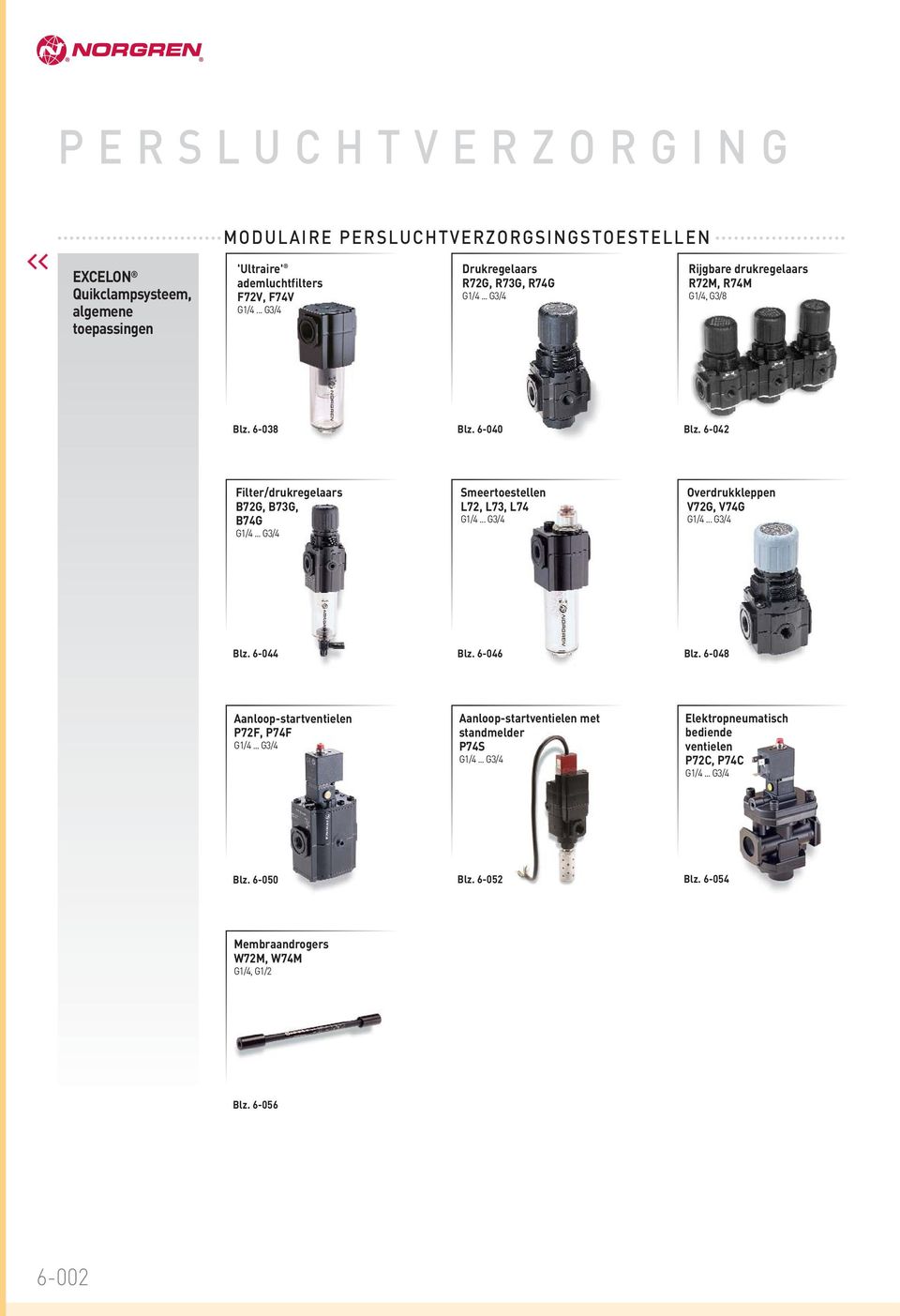 6-042 Filter/drukregelaars B72G, B73G, B74G... G3/4 Smeertoestellen L72, L73, L74... G3/4 V72G, V74G... G3/4 Blz. 6-044 Blz. 6-046 Blz.