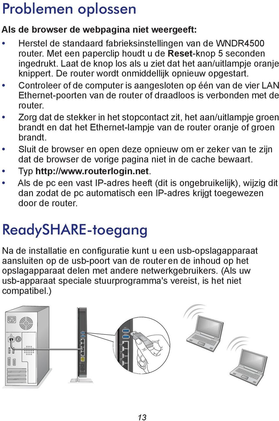 Controleer of de computer is aangesloten op één van de vier LAN Ethernet-poorten van de router of draadloos is verbonden met de router.