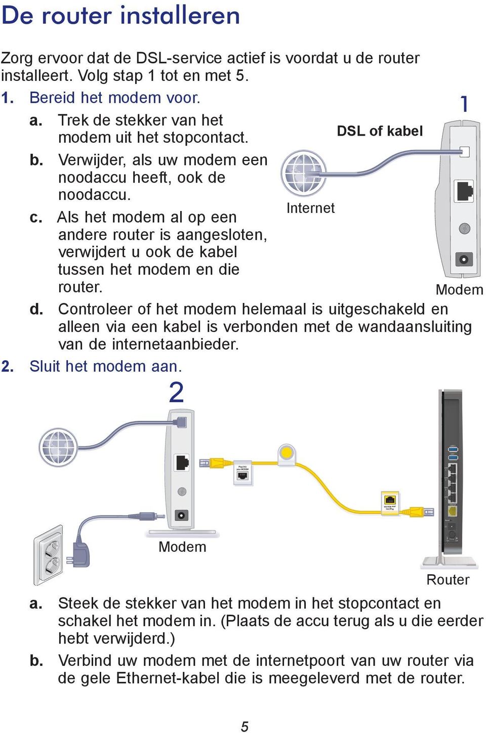 Als het modem al op een andere router is aangesloten, verwijdert u ook de kabel tussen het modem en die router. Modem d.
