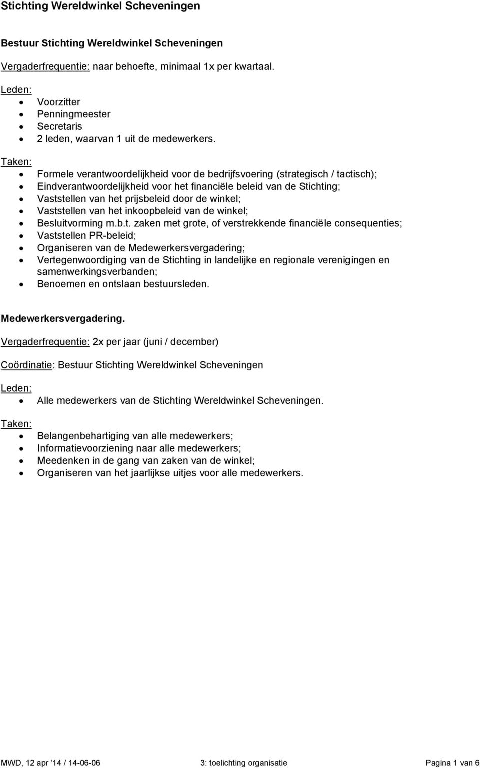 Vaststellen van het inkoopbeleid van de winkel; Besluitvorming m.b.t. zaken met grote, of verstrekkende financiële consequenties; Vaststellen PR-beleid; Organiseren van de Medewerkersvergadering;