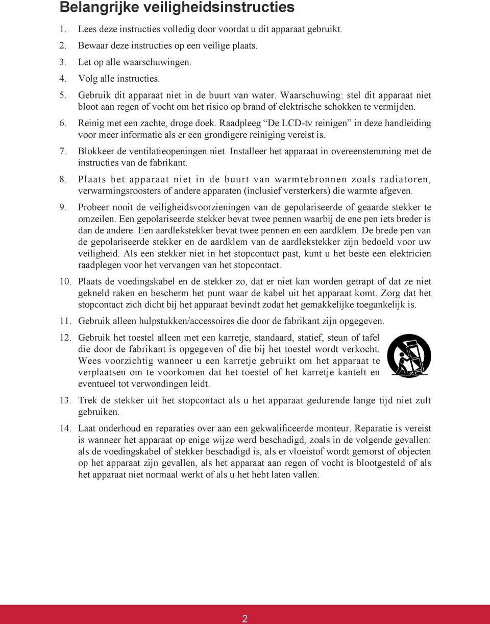 Reinig met een zachte, droge doek. Raadpleeg De LCD-tv reinigen in deze handleiding voor meer informatie als er een grondigere reiniging vereist is. 7. Blokkeer de ventilatieopeningen niet.