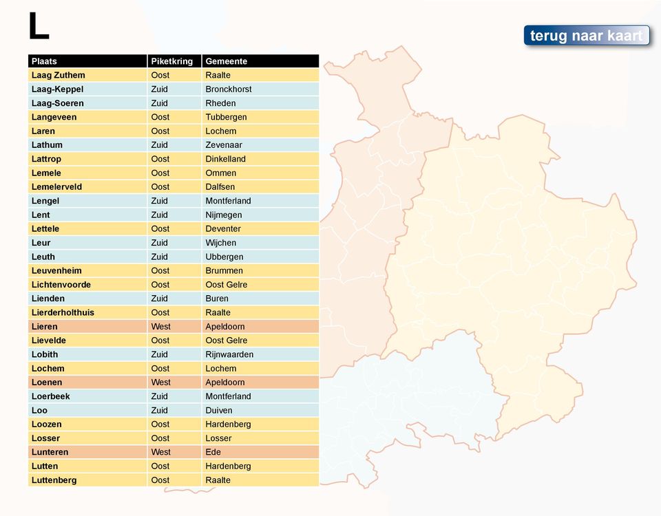 Brummen Lichtenvoorde Oost Oost Gelre Lienden Zuid Buren Lierderholthuis Oost Raalte Lieren West Apeldoorn Lievelde Oost Oost Gelre Lobith Zuid Rijnwaarden Lochem Oost