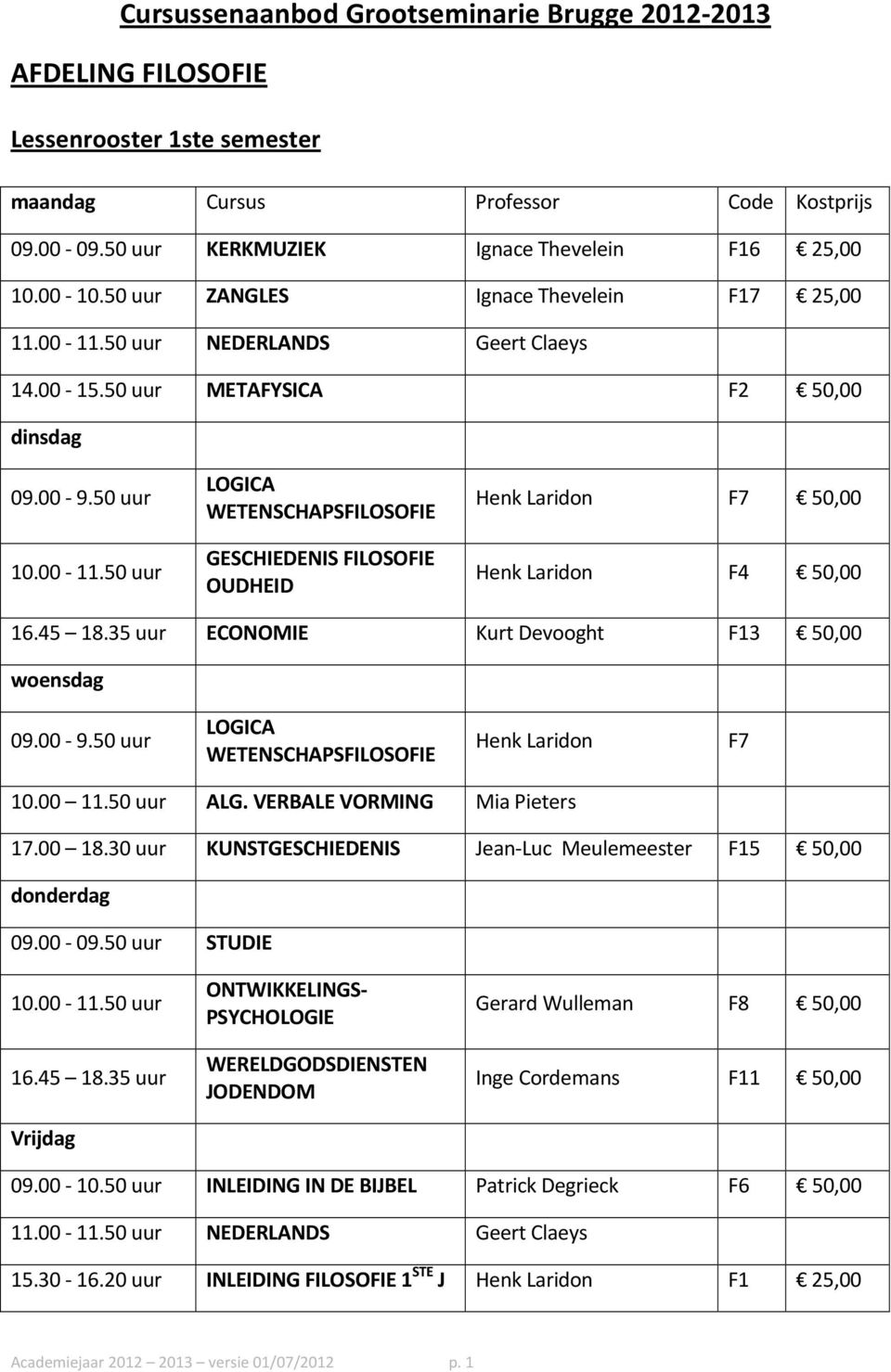 45 18.35 uur ECONOMIE Kurt Devooght F13 50,00 woensdag 09.00-9.50 uur LOGICA WETENSCHAPSFILOSOFIE Henk Laridon F7 10.00 11.50 uur ALG. VERBALE VORMING Mia Pieters 17.00 18.