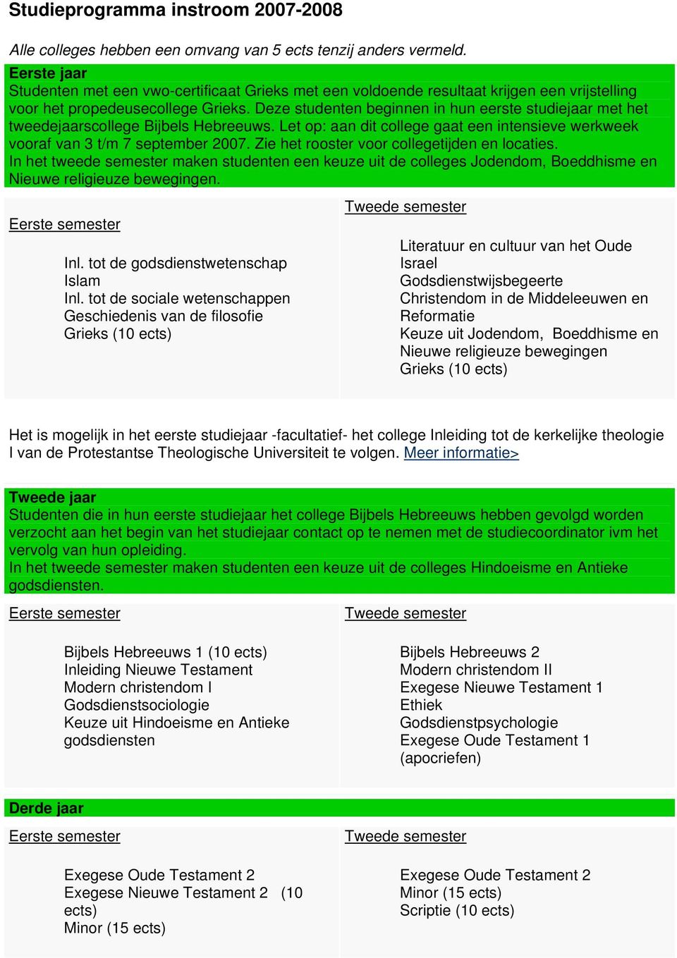 Deze studenten beginnen in hun eerste studiejaar met het tweedejaarscollege Bijbels Hebreeuws. Let op: aan dit college gaat een intensieve werkweek vooraf van 3 t/m 7 september 2007.