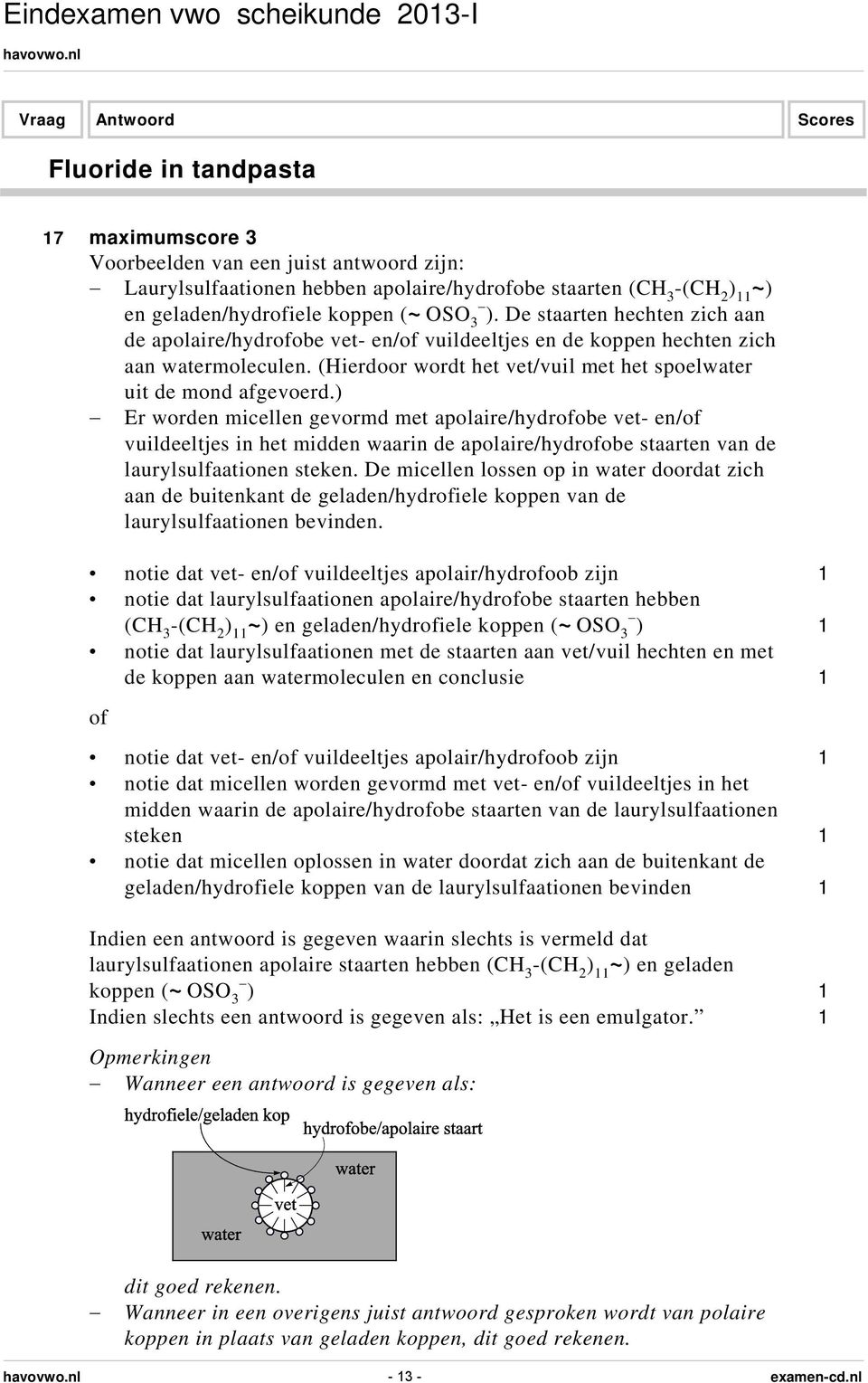 ) Er worden micellen gevormd met apolaire/hydrofobe vet- en/of vuildeeltjes in het midden waarin de apolaire/hydrofobe staarten van de laurylsulfaationen steken.