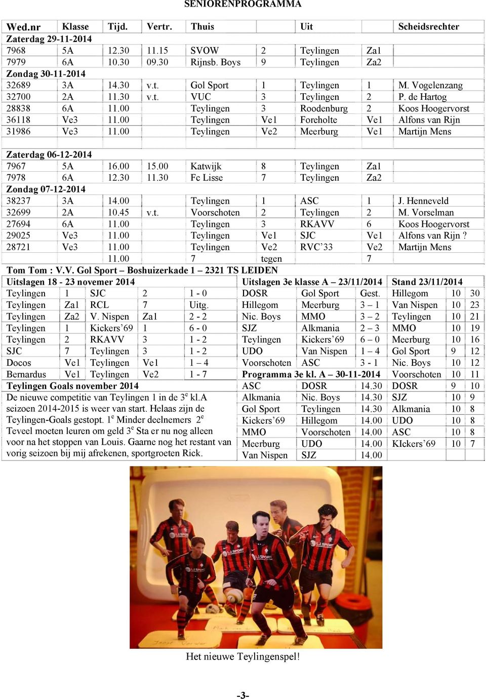 00 Teylingen 3 Roodenburg 2 Koos Hoogervorst 36118 Ve3 11.00 Teylingen Ve1 Foreholte Ve1 Alfons van Rijn 31986 Ve3 11.00 Teylingen Ve2 Meerburg Ve1 Martijn Mens Zaterdag 06-12-2014 7967 5A 16.00 15.