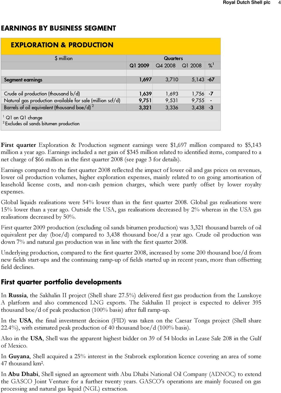 production First quarter Exploration & Production segment earnings were $1,697 million compared to $5,143 million a year ago.