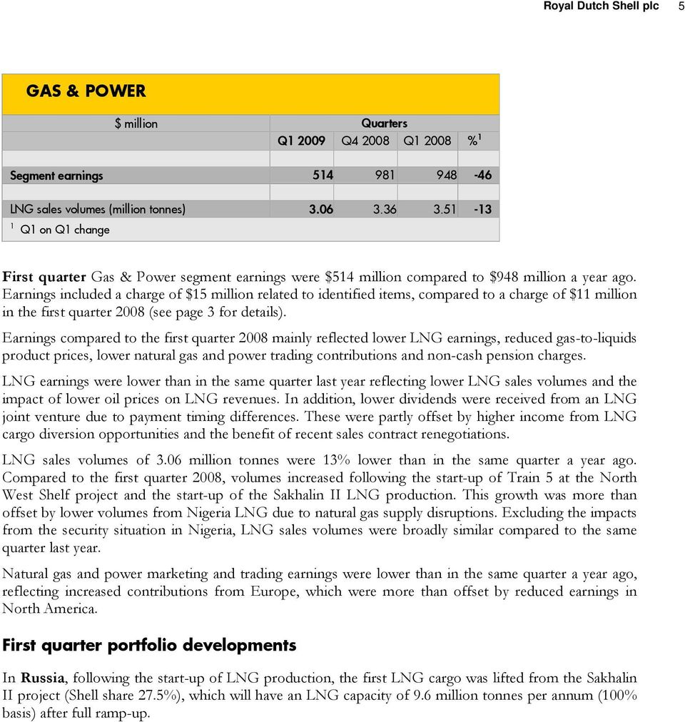 Earnings included a charge of $15 million related to identified items, compared to a charge of $11 million in the first quarter 2008 (see page 3 for details).