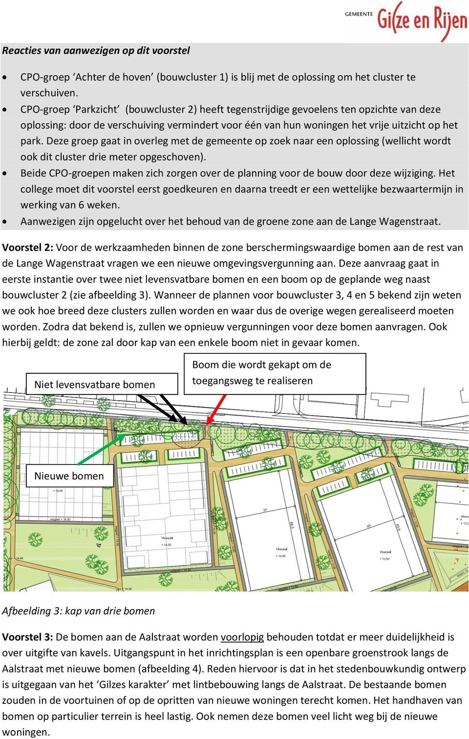 Deze groep gaat in overleg met de gemeente op zoek naar een oplossing (wellicht wordt ook dit cluster drie meter opgeschoven).