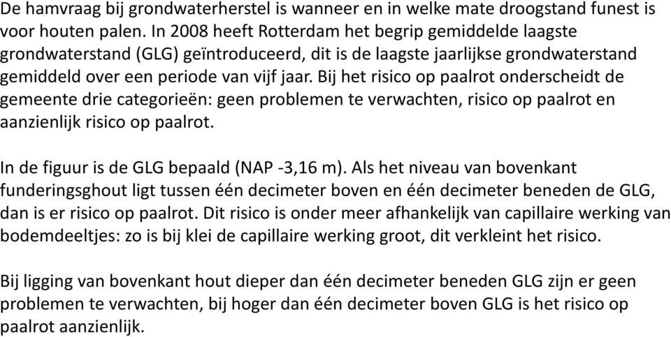 Bij het risico op paalrot onderscheidt de gemeente drie categorieën: geen problemen te verwachten, risico op paalrot en aanzienlijk risico op paalrot. In de figuur is de GLG bepaald (NAP -3,16 m).