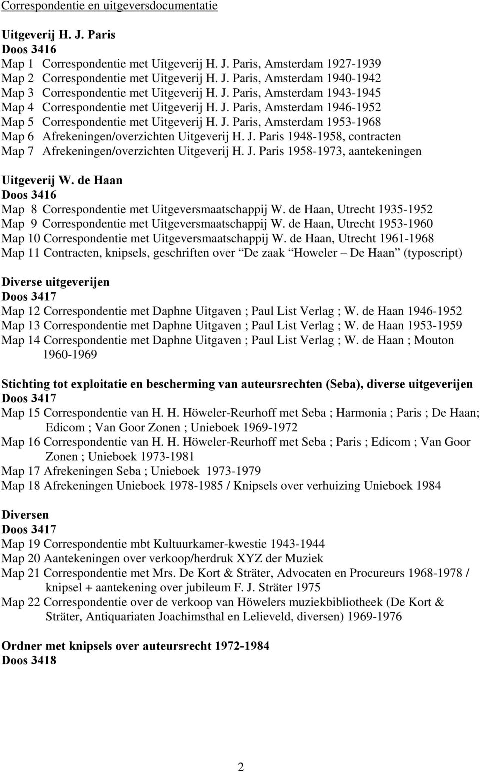 J. Paris 1948-1958, contracten Map 7 Afrekeningen/overzichten Uitgeverij H. J. Paris 1958-1973, aantekeningen Uitgeverij W. de Haan Doos 3416 Map 8 Correspondentie met Uitgeversmaatschappij W.