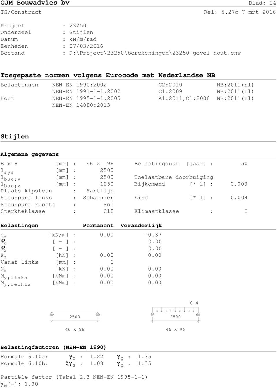 NB:2011(nl) NEN-EN 14080:2013 Stijlen Algemene gegevens B x H [mm] : 46 x 96 Belastingduur [jaar] : 50 l sys [mm] : 2500 l buc;y [mm] : 2500 Toelaatbare doorbuiging l buc;z [mm] : 1250 Bijkomend [*