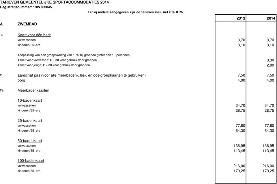 Kaart voor één bad: volwassenen 3,70 3,70 kinderen/65+ers 3,10 3,10 Toepassing van een groepskorting van 10% bij groepen groter dan 10 personen.