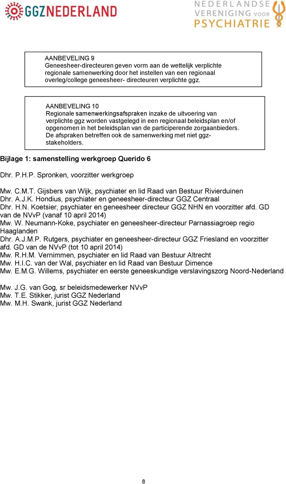 zorgaanbieders. De afspraken betreffen ook de samenwerking met niet ggzstakeholders. Bijlage 1: samenstelling werkgroep Querido 6 Dhr. P.H.P. Spronken, voorzitter werkgroep Mw. C.M.T.