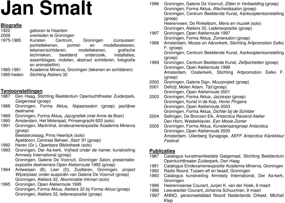 Stichting Ateliers 32 Tentoonstellingen 1987 Den Haag, Stichting Beeldentuin Openluchttheater Zuiderpark, Galgemaal (groep) 1988 Groningen, Forma Aktua, Najaarssalon (groep) jaarlijkse deelname 1989