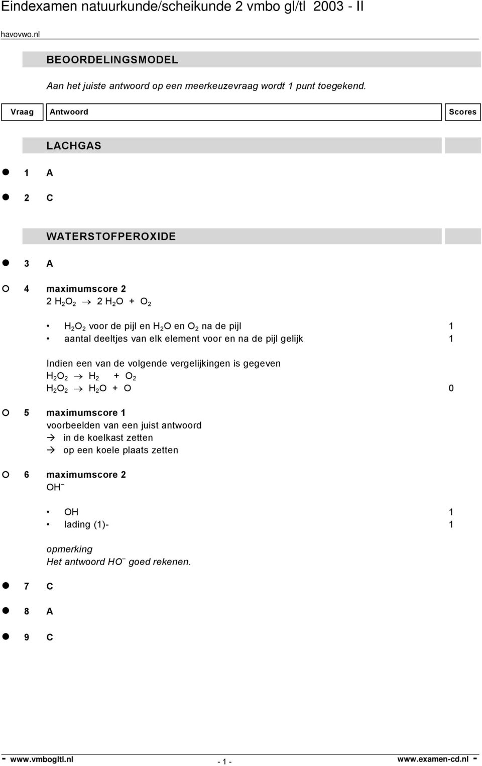 pijl 1 Indien een van de volgende vergelijkingen is gegeven H 2 O 2 H 2 + O 2 H 2 O 2 H 2 O + O 0 5 maximumscore 1