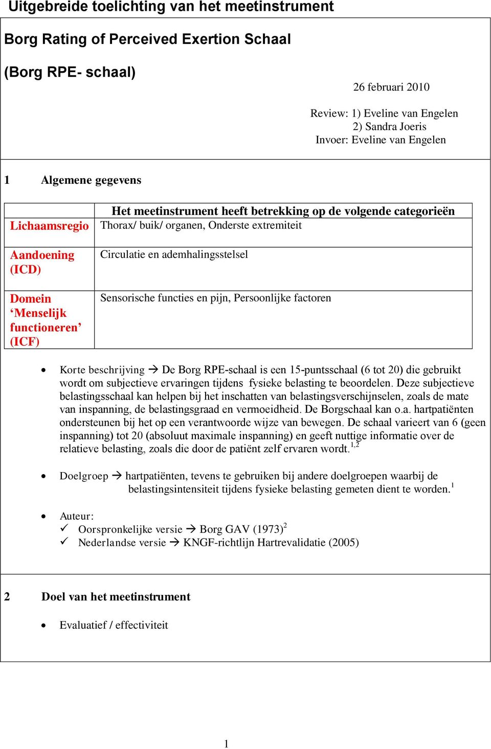 (ICF) Circulatie en ademhalingsstelsel Sensorische functies en pijn, Persoonlijke factoren Korte beschrijving De Borg RPE-schaal is een 15-puntsschaal (6 tot 20) die gebruikt wordt om subjectieve