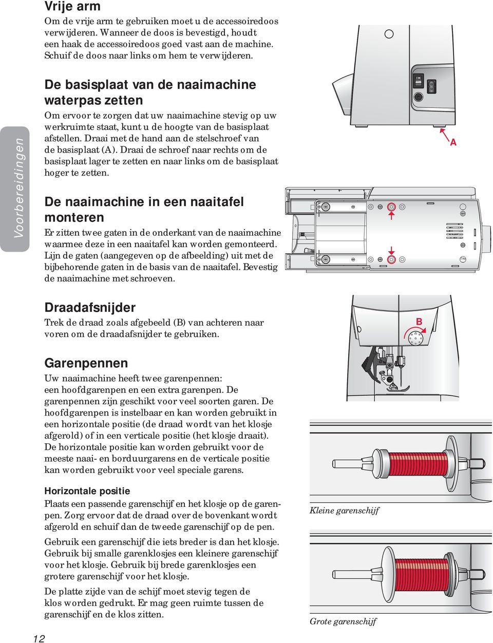 Voorbereidingen De basisplaat van de naaimachine waterpas zetten Om ervoor te zorgen dat uw naaimachine stevig op uw werkruimte staat, kunt u de hoogte van de basisplaat afstellen.