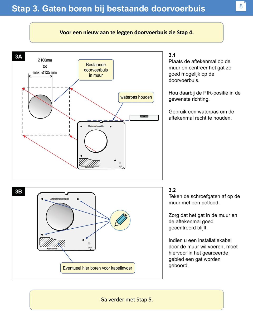 Gebruik een waterpas om de aftekenmal recht te houden. 3B 3.2 Teken de schroefgaten af op de muur met een potlood.