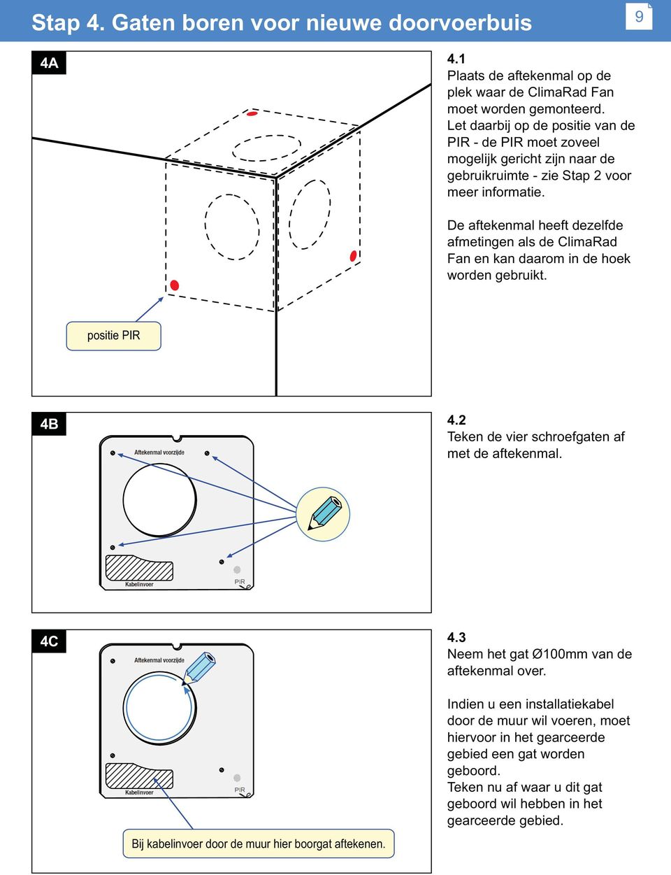 De aftekenmal heeft dezelfde afmetingen als de ClimaRad Fan en kan daarom in de hoek worden gebruikt. positie PIR 4B 4.2 Teken de vier schroefgaten af met de aftekenmal. 4C 4.