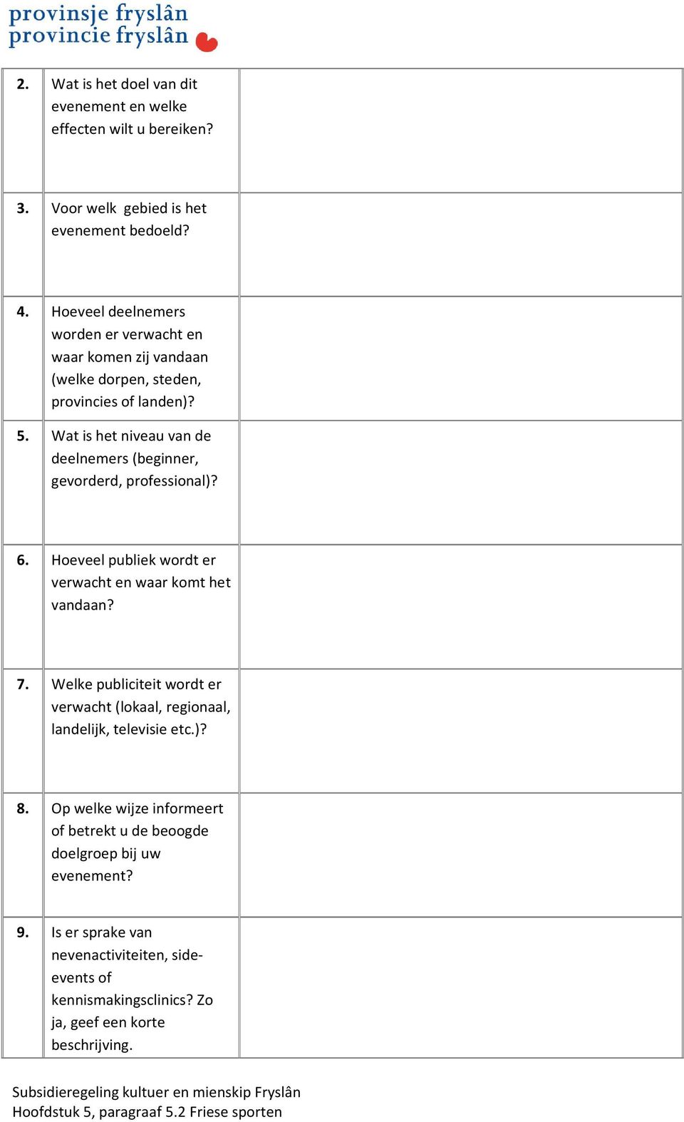 Wat is het niveau van de deelnemers (beginner, gevorderd, professional)? 6. Hoeveel publiek wordt er verwacht en waar komt het vandaan? 7.