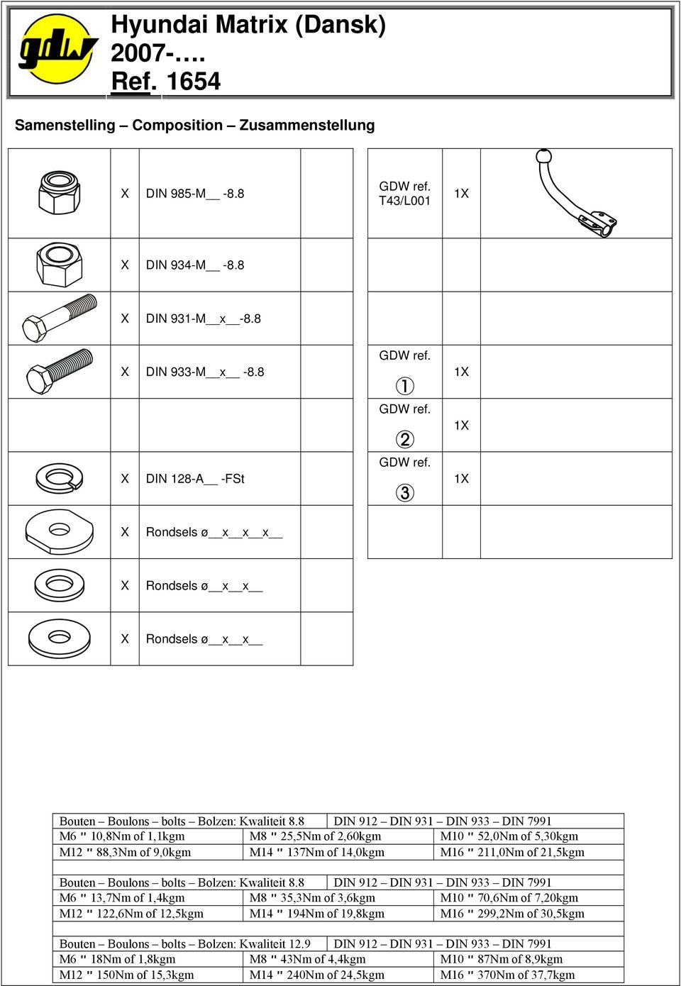 8 DIN 912 DIN 931 DIN 933 DIN 7991 M6 10,8Nm of 1,1kgm M8 25,5Nm of 2,60kgm M10 52,0Nm of 5,30kgm M12 88,3Nm of 9,0kgm M14 137Nm of 14,0kgm M16 211,0Nm of 21,5kgm Bouten Boulons bolts Bolzen: