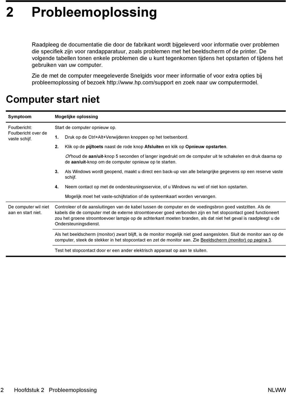 Zie de met de computer meegeleverde Snelgids voor meer informatie of voor extra opties bij probleemoplossing of bezoek http://www.hp.com/support en zoek naar uw computermodel.