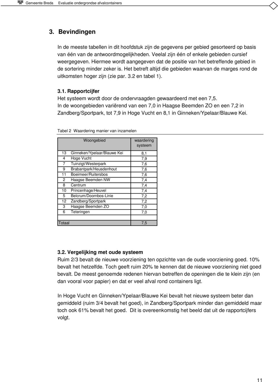 Het betreft altijd die gebieden waarvan de marges rond de uitkomsten hoger zijn (zie par. 3.2 en tabel 1). 3.1. Rapportcijfer Het systeem wordt door de ondervraagden gewaardeerd met een 7,5.