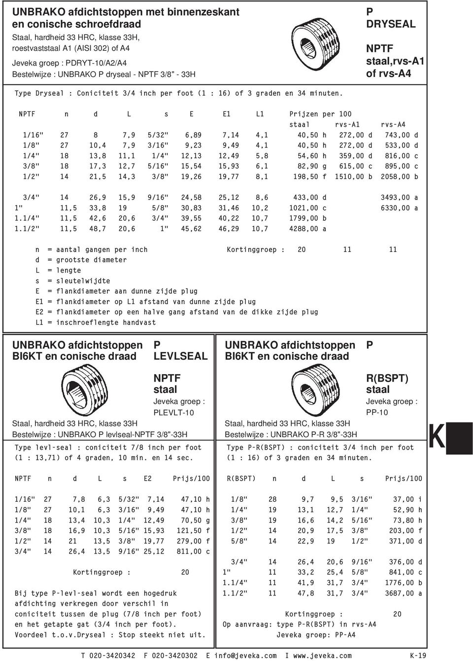 NPTF n d L s E E1 L1 Prijzen per 100 staal rvs-a1 rvs-a4 1/16" 27 8 7,9 5/32" 6,89 7,14 4,1 40,50 h 272,00 d 743,00 d 1/8" 27 10,4 7,9 3/16" 9,23 9,49 4,1 40,50 h 272,00 d 533,00 d 1/4" 18 13,8 11,1