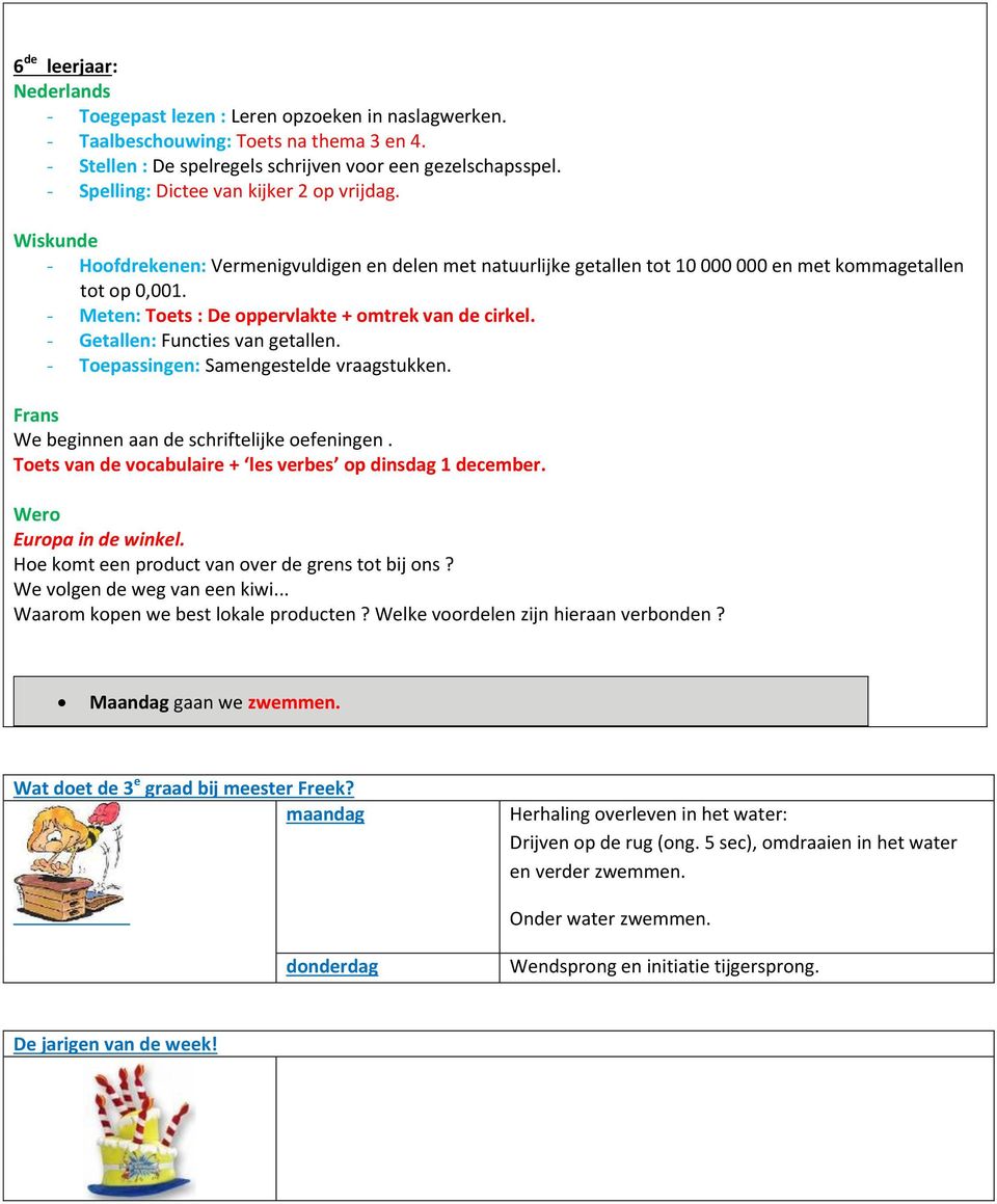 - Meten: Toets : De oppervlakte + omtrek van de cirkel. - Getallen: Functies van getallen. - Toepassingen: Samengestelde vraagstukken. Frans We beginnen aan de schriftelijke oefeningen.