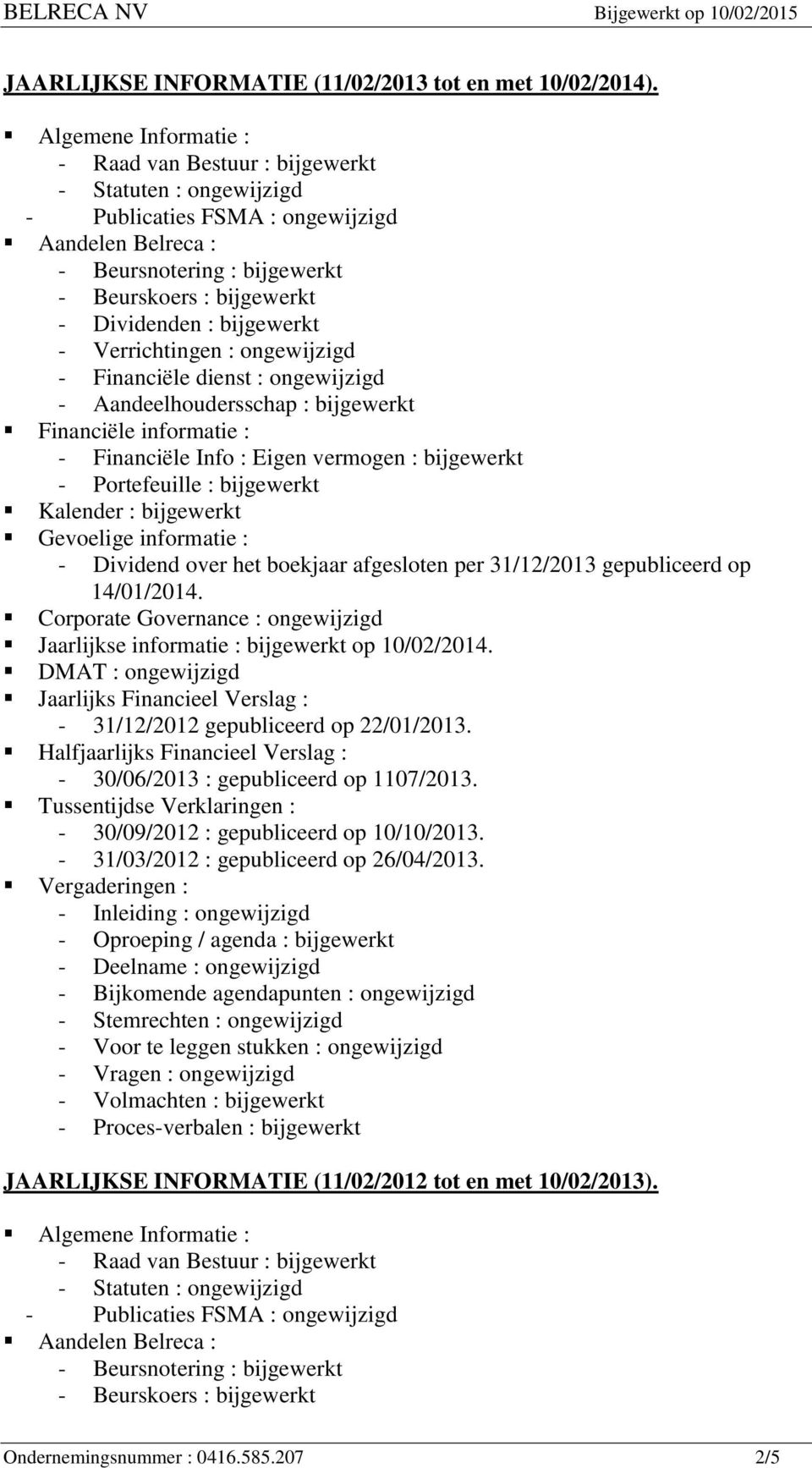 Jaarlijkse informatie : bijgewerkt op 10/02/2014. - 31/12/2012 gepubliceerd op 22/01/2013.