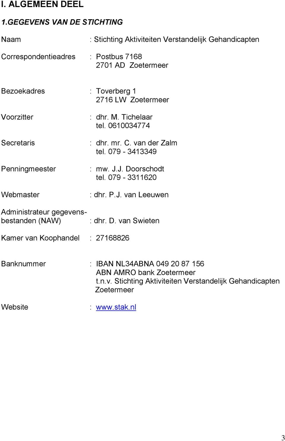 Toverberg 1 2716 LW Zoetermeer Voorzitter Secretaris Penningmeester Webmaster Administrateur gegevensbestanden (NAW) : dhr. M. Tichelaar tel. 0610034774 : dhr.