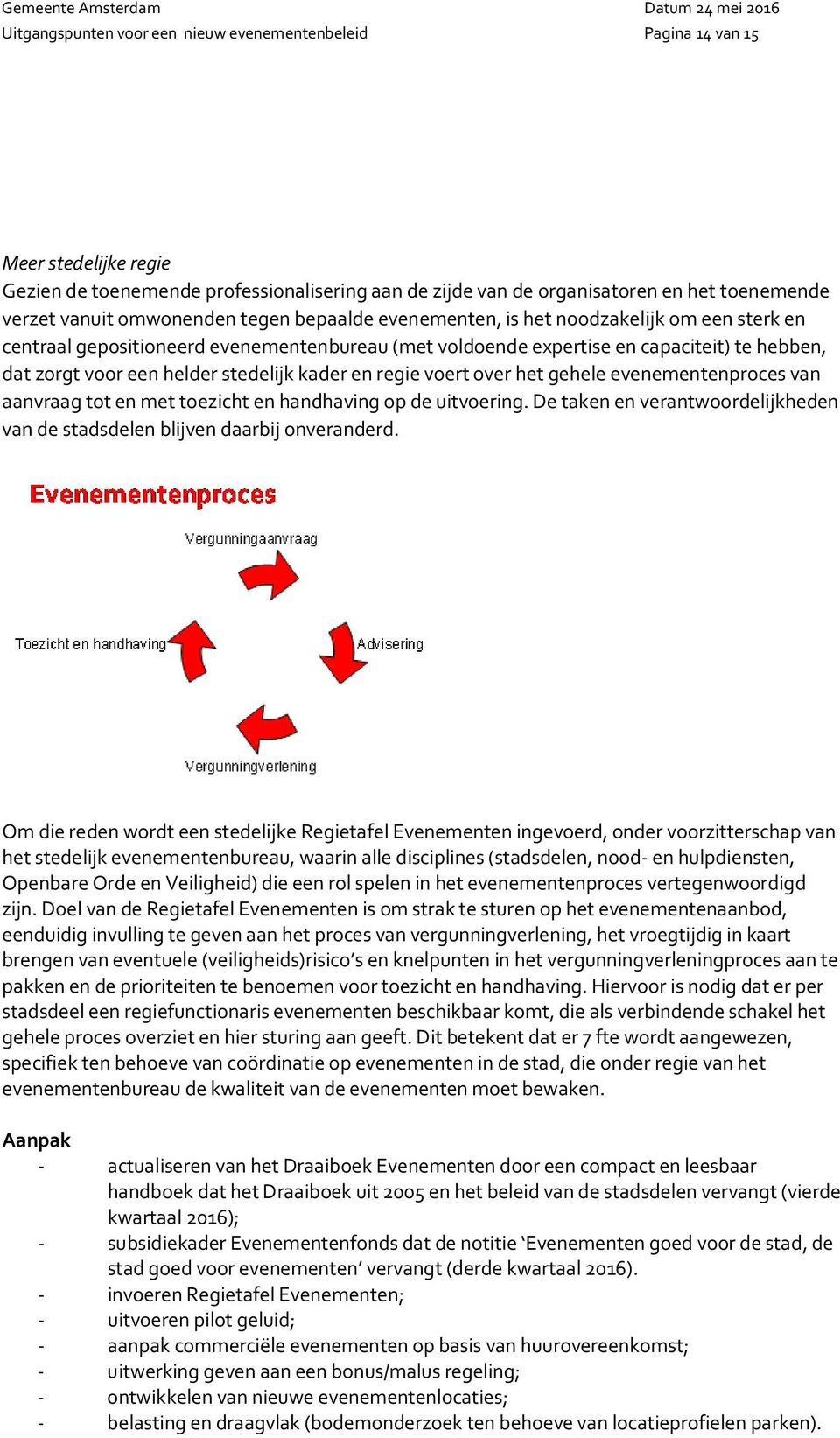 stedelijk kader en regie voert over het gehele evenementenproces van aanvraag tot en met toezicht en handhaving op de uitvoering.