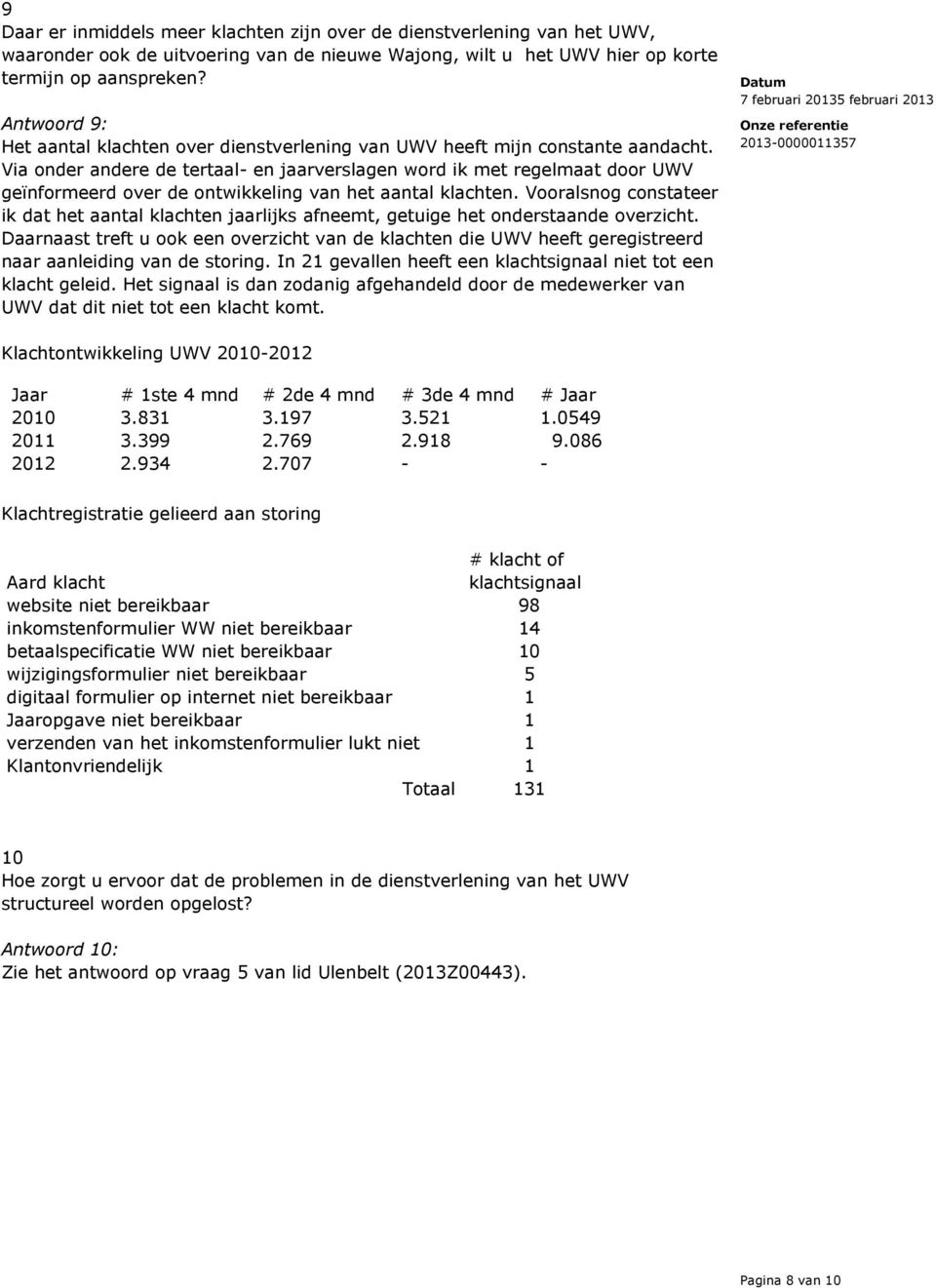 Via onder andere de tertaal- en jaarverslagen word ik met regelmaat door UWV geïnformeerd over de ontwikkeling van het aantal klachten.