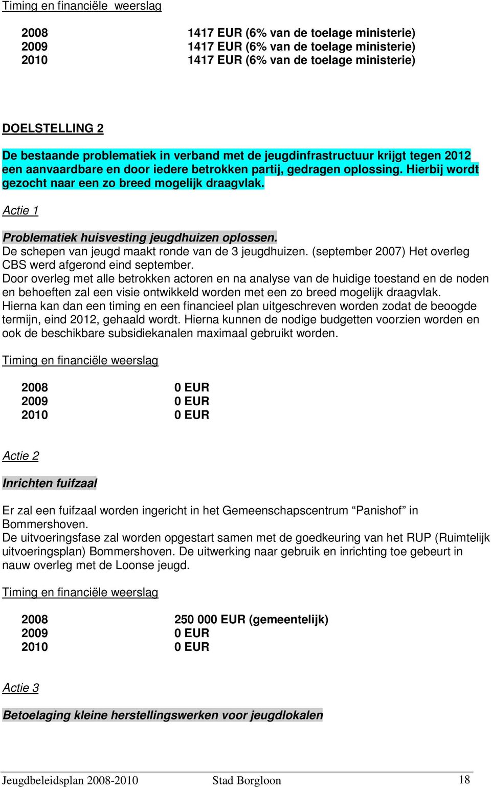 Actie 1 Problematiek huisvesting jeugdhuizen oplossen. De schepen van jeugd maakt ronde van de 3 jeugdhuizen. (september 2007) Het overleg CBS werd afgerond eind september.