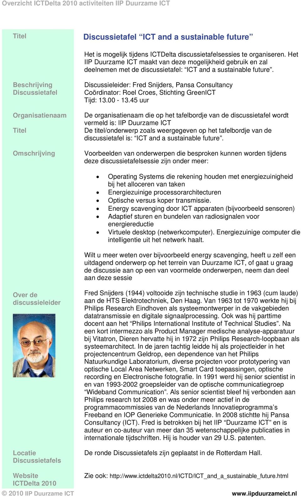 Discussietafel Organisatienaam Omschrijving Discussieleider: Fred Snijders, Pansa Consultancy Coördinator: Roel Croes, Stichting GreenICT : 13.00-13.