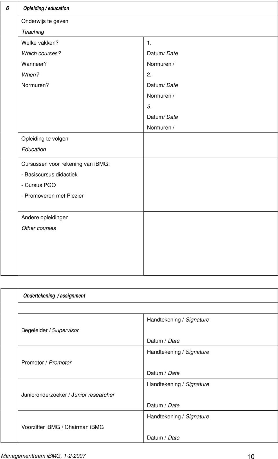 Other courses Ondertekening / assignment Handtekening / Signature Begeleider / Supervisor Datum / Date Handtekening / Signature Promotor / Promotor Datum /