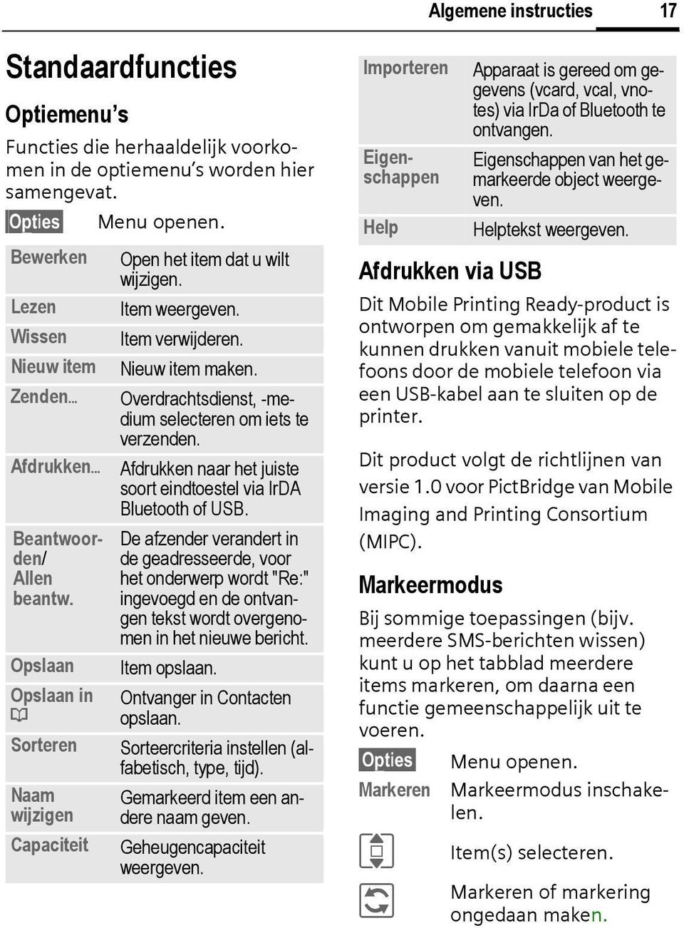 Item verwijderen. Nieuw item maken. Overdrachtsdienst, -medium selecteren om iets te verzenden. Afdrukken naar het juiste soort eindtoestel via IrDA Bluetooth of USB.