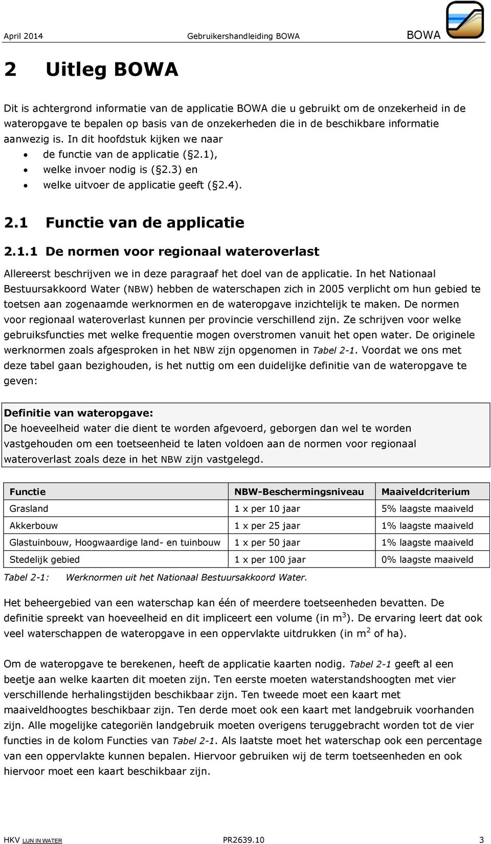 In het Nationaal Bestuursakkoord Water (NBW) hebben de waterschapen zich in 2005 verplicht om hun gebied te toetsen aan zogenaamde werknormen en de wateropgave inzichtelijk te maken.