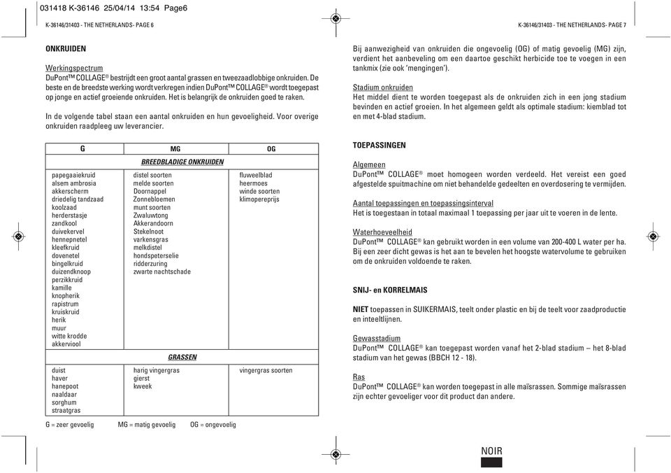 In de volgende tabel staan een aantal onkruiden en hun gevoeligheid. Voor overige onkruiden raadpleeg uw leverancier.