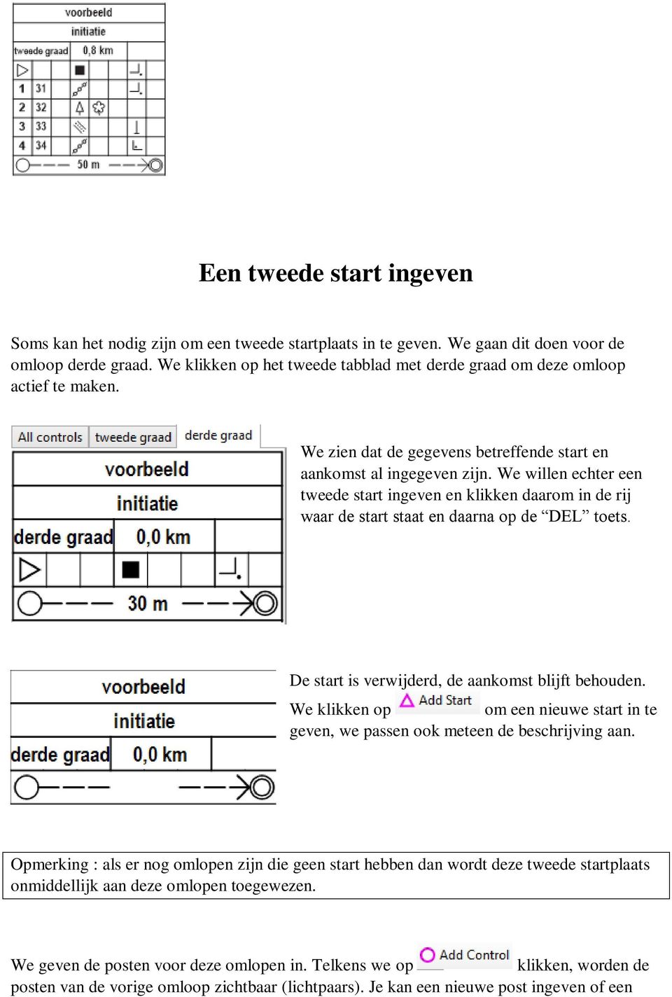 We willen echter een tweede start ingeven en klikken daarom in de rij waar de start staat en daarna op de DEL toets. De start is verwijderd, de aankomst blijft behouden.